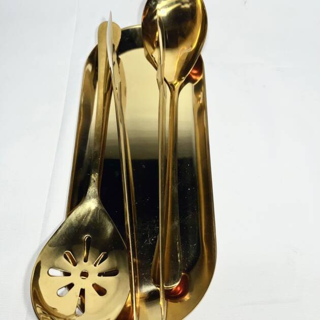 set of spoon in gold (spoon,strainer,tong,tray)
